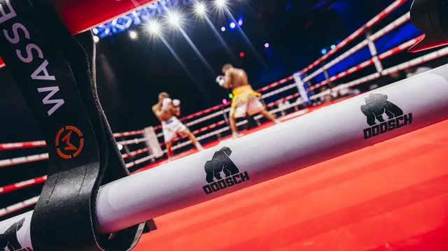 A low ringside view of the action and arena lights